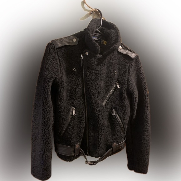 Polo Ralph Lauren Fluffy Fleece Sheep Leather Teddy Pilo Bomber Moto Jacket XS - Picture 13 of 13